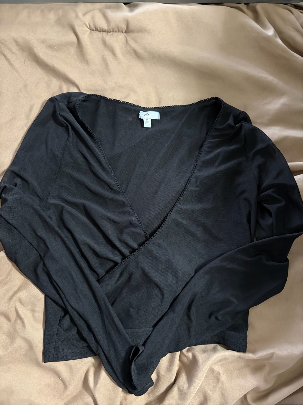 bp Black Long-Sleeve Wrap Crop Top